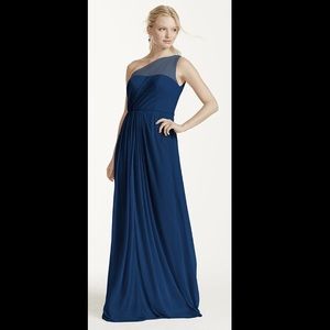 David’s Bridal Long Mesh Dress w/One Shoulder Navy